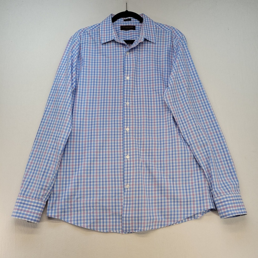 Fairlane‎ & Sons Button Down Mens L Tall Blue Plaid Slim Fit Wrinkle Free Cotton